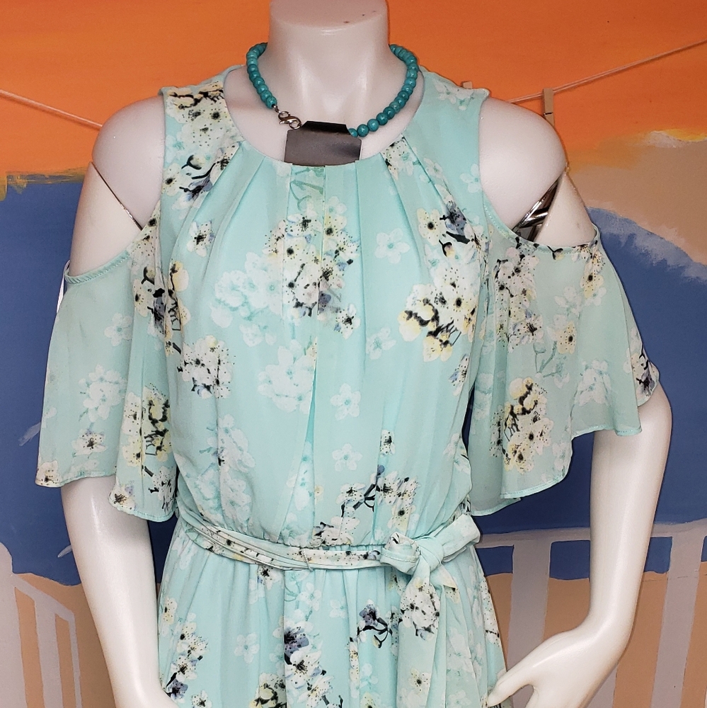Calvin Klein Floral Cold Shoulder Belted Chiffon Maxi dress - Picture 4 of 15